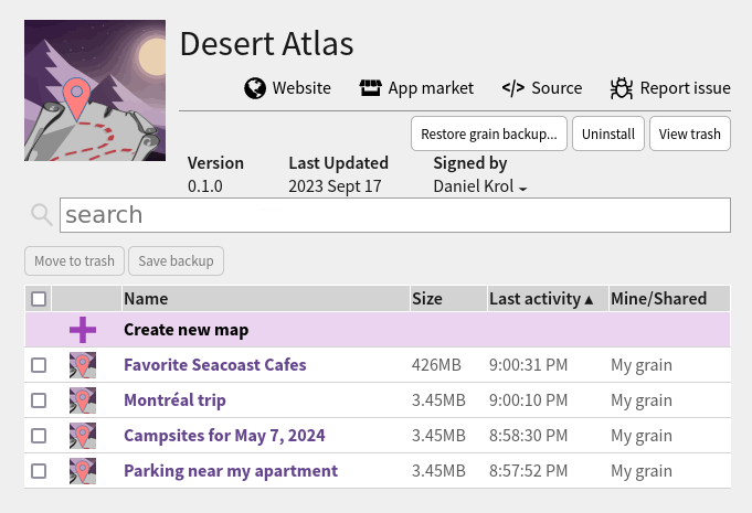 Screenshot, list of Desert Atlas grains: "Favorite Seacoast Cafes", "Montréal trip", "Campsites for May 7, 2024", and "Parking Near My Apartment"